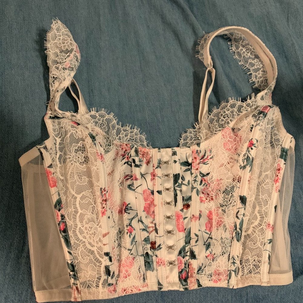 Victoria’s Secret Lace Corset Bustier Bra Top sz S / DD White Floral